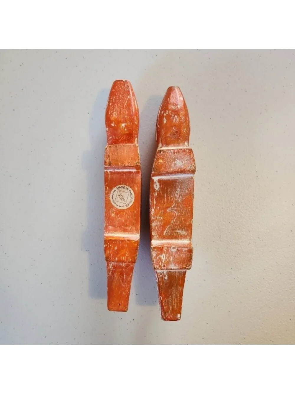 Vintage Pottery Barn Boho Whitewashed Orange Figural Lizard Wood Candle Holders